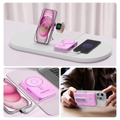 Magnetic Portable Charger Built-in Cables,10000mAh Fast Charging Wireless Charger Station External Battery Pack Slim Pocket Size Power Bank with Stand Compatible with iWatch, iPhone - color: Purple