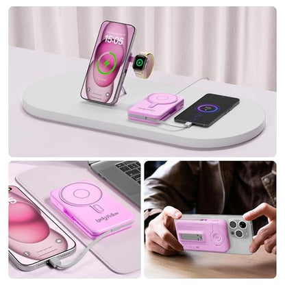 Magnetic Portable Charger Built-in Cables,10000mAh Fast Charging Wireless Charger Station External Battery Pack Slim Pocket Size Power Bank with Stand Compatible with iWatch, iPhone - color: Purple