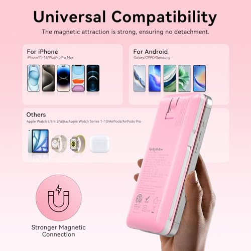 Magnetic 10000mAh Portable Charger for iWatch & iPhone, PD Fast Charging Wireless Power Bank Built-in Cables and Wall Plug, External Travel Battery Pack Compatible with iOS Android Phones - color: Sakura Pink