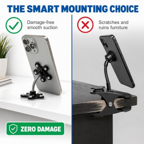 Hitt Brands Flexible Gooseneck Phone Holder – Adjustable Clamp Mount for Desk, Bed, or Wheelchair | Universal Clip-On Cell Phone Stand for Video Recording, Streaming & Hands-Free Use