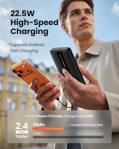 Portable Charger with Wall Plug, Fast Charging Power Bank Built-in Cables, Slim 10500mAh 22.5W 4 Outputs 3 Inputs LED Display External Battery Pack Compatible with iPhone/Android (Black) - color: Black