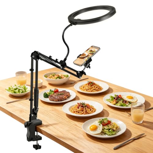 Overhead Phone Mount with Ring Light, 6.5in LED Selfie Ring Light for Desk，,Adjustable Phone Mount，for Video Recording,Live Stream,Cooking Video
