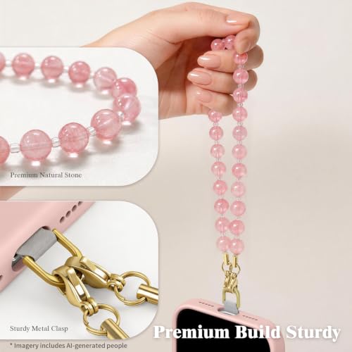 SURPHY Natural Stone Phone Charm, Beaded Phone Wrist Strap with Tether Tab - color: Watermelon Pink