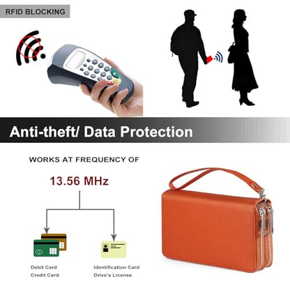 RFID Blocking Cellphone Wallet for Women Dual Zipper Wristlet Large Capacity 17 Card Slots Ladies Travel Clutch Purse with Removable Strap, Orange - color: Orange
