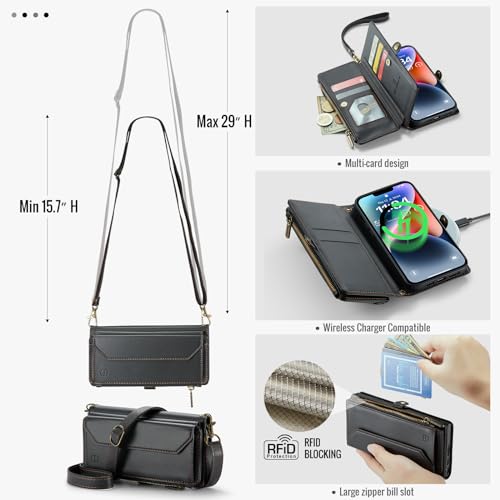 Strapurs Wallet Case Compatible with iPhone 14 RFID Blocking 7-Card Holder Soft PU Leather Magnetic Snap Shoulder Strap Zipper Pocket Phone Case Fit for iPhone 14 for Women 6.1" - Black | RFID Blocking 7-Card Holder, Shoulder Lanyard, Wirst Strap, Zipper