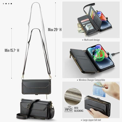 Strapurs Wallet Case Compatible with iPhone 14 RFID Blocking 7-Card Holder Soft PU Leather Magnetic Snap Shoulder Strap Zipper Pocket Phone Case Fit for iPhone 14 for Women 6.1" - Black | RFID Blocking 7-Card Holder, Shoulder Lanyard, Wirst Strap, Zipper