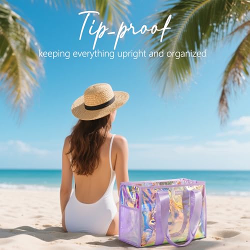 Bagstellar Iridescent Beach Bag, Jelly Tote Bag with Phone Pouch Makeup Bag | Large Beach Bags Waterproof Sandproof, Zipper Beach Tote Clear Pool Swim Boat Bag for Women Summer Travel Cruise Essentials - color: Turquoise