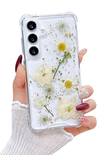 Compatible with Samsung Galaxy S25 Case Clear Real Flowers | Cute Pressed Dried white Flower Design For Women Girly Shockproof Glitter Floral Phone Cover for Galaxy S25 - color: White Flower, size: Samsung S25