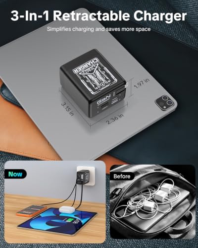 W & O Retractable Phone Charger with USB C Cable for iPhone17/16/15 - color: Black