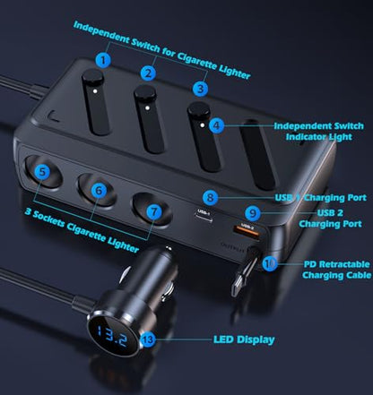LIHAN Cigarette Lighter Splitter with Retractable Type-C Cable, PD45W+QC - size: C29
