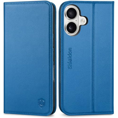 SHIELDON Genuine Leather Case Wallet for iPhone 17 6.3" 2025, Sapphire Blue | Folio Magnetic Closure, RFID Blocking, Credit Card Holder, Kickstand, Shock Absorbing Protective Cover for Men Women - color: Sapphire Blue