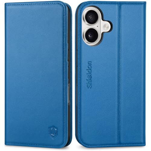 SHIELDON Genuine Leather Case Wallet for iPhone 17 6.3" 2025, Sapphire Blue | Folio Magnetic Closure, RFID Blocking, Credit Card Holder, Kickstand, Shock Absorbing Protective Cover for Men Women - color: Sapphire Blue