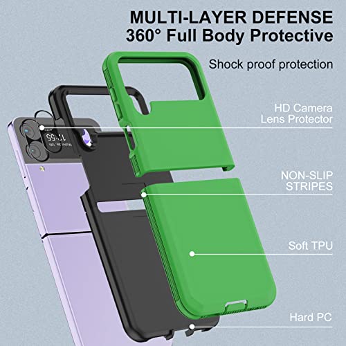 for Galaxy Z Flip 4 Case with Camera Lens Film,Shockproof Protective Phone Case Heavy Duty Full Body Protection Drop Proof Hard Rugged Cover for Samsung Galaxy Z Flip 4 (Green/Black) - color: Green/Black