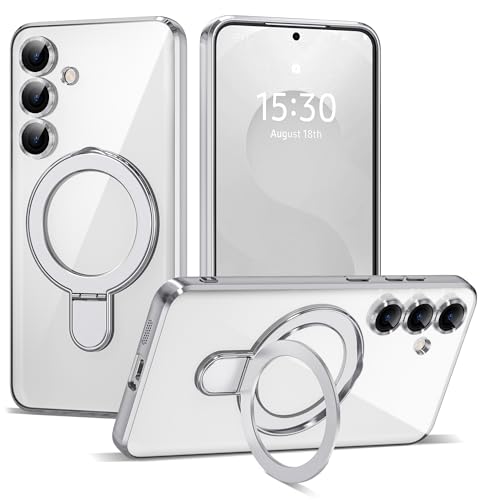 Compatible with Samsung Galaxy S25 Plus Case with Magnetic Ring Stand [Compatible with Mag-Safe] [Full Camera Lens Protector] Plating Clear Phone Case for S25 Plus 6.7", Silver - color: Silver, size: Samsung Galaxy S25 Plus