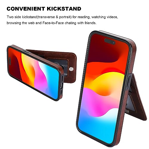 KIHUWEY for iPhone 15 Plus Wallet Case Card Holder Kickstand, Brown | Credit Card Slots, PU Leather, Magnetic Clasp, Flip Heavy Duty Protection Cover for Men and Women - color: Brown