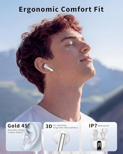 Wireless Earbuds, 2026 Bluetooth 5.4 Headphones Bass Stereo Ear Buds with Noise Cancelling Mic, LED Display in Ear Earphones 50H Playtime Ear Buds, IP7 Waterproof for Laptop Pad Phones Pure White
