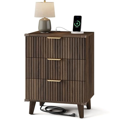 Lulive Wood Bedside Table w/Charging Station, 3 Drawers Fluted Dresser - color: Walnut, size: 3 Drawers-Set of 1 Nightstand