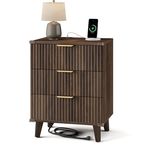 Lulive Wood Bedside Table w/Charging Station, 3 Drawers Fluted Dresser - color: Walnut, size: 3 Drawers-Set of 1 Nightstand