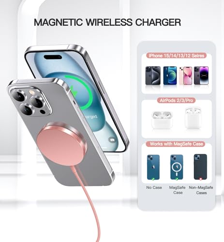 OANDYS Magnetic Wireless Charger 15W Fast Mag Safe Charger for Cell Phone 16 Pro Max/16 Pro/16 Plus/16/15/14/13/12 Series 2 Pack Charging Pad for AirPods 3/2/Pro 2/Pro Mag-Safe Original Replacement - color: Pink