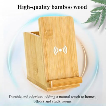 Bamboo Wood Pen Holder & 15W Dual-Coil Wireless Charger – Solid Bamboo Desk Organizer with Phone Stand, Eco-Friendly Office & Study Accessory for Students & Professionals