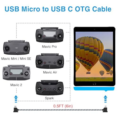 0.5FT Micro to USB C Remote Controller Cable for IPhone 17/16/15 Pro Max,DJI Mavic Mini/Mini SE/Mavic 2 Pro/Zoom/Mavic Air/Pro/Spark,DJI Drone to Tablet Cable OTG Data Cord Accessories USB C Connector - size: 0.5FT(6in), style: Micro to USB C