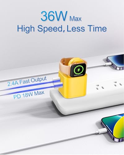 BeaSaf 36W for Apple Charging Block with Built-in Watch Charger, Foldable PD Fast Charger Block for iPhone, Dual Ports Wall Charger Compatible with Apple Watch iPhone AirPods (Yellow) - color: Yellow