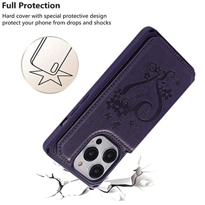 iCoverCase Compatible with iPhone 14 Pro Wallet Phone Case with Card Holder for Women, RFID Blocking Embossed PU Leather Wrist Strap Case 6.1 Inch (Heart Dark Purple) - color: H-Dark Purple