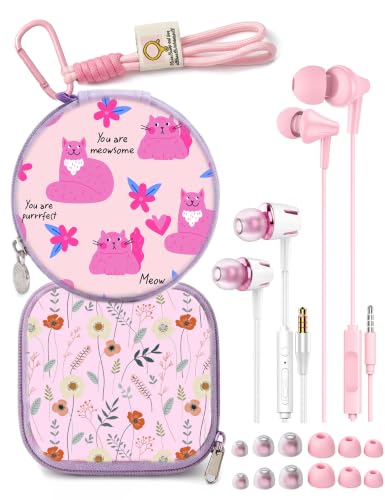 2-Pack Teens Wired Earbuds with Cases, 3.5mm School Headphones,Kitty&Floret - color: Kitty and Floret