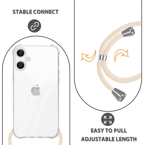 for iPhone 16 Crossbody Case Clear Wearable Adjustable Shoulder Neck Lanyard Strap Cover Women Girls Soft Slim Protective Hanging Phone Mobile Case for iPhone 16 - Beige - size: for iPhone 16