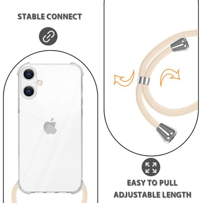 for iPhone 16 Crossbody Case Clear Wearable Adjustable Shoulder Neck Lanyard Strap Cover Women Girls Soft Slim Protective Hanging Phone Mobile Case for iPhone 16 - Beige - size: for iPhone 16