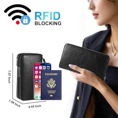 Double Zipper Wallet for Women RFID Blocking Cellphone Wristlet Large Size Multi Card Clutch Purse with Removable Strap, Black - color: Black