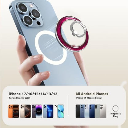Transparent Shiny Magnetic Phone Ring Holder,360° Rotatable Removable Phone Grip,Clear Rose Pink Sparkle Diamond Stylish Design Compatible with All Phones & Tablets - color: Clear Rose Pink