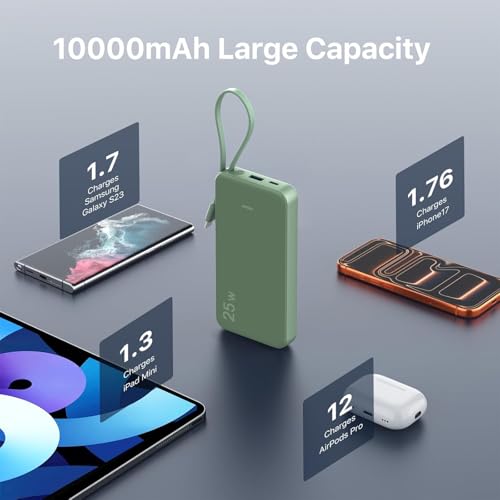 JUOVI 25W Portable Charger 10000mah Power Bank Built-in USB-C Cable - color: Green