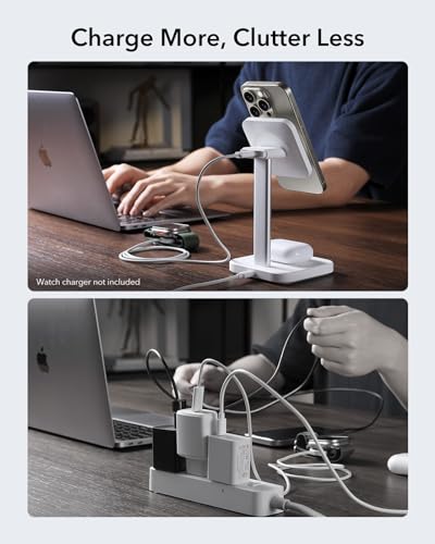 ESR 2 in 1 Magsafe Charger Stand, Wireless Charger Stand for iPhone [Certified], Magsafe Wireless Charging for Multiple Devices iPhone 17e/17/16/15/14/13/12, Apple Watch& AirPods 4/3, White