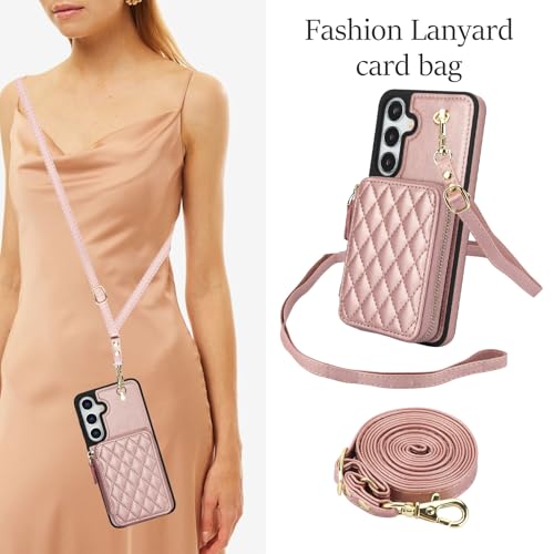 Phone Case for Samsung Galaxy S25 5G Wallet Cell Cover with Tempered Glass Screen Protector Wrist Crossbody Strap Stand RFID Blocking Credit Card Holder S 25 25S 25 25S SM-S931U Women Girls Rose Gold - color: Rose Gold