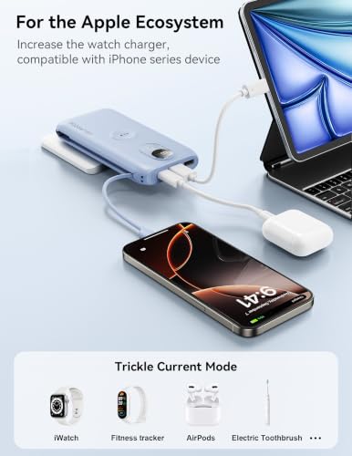Portable Charger 10000mAh 20W, Wall Plug, 2 Cables, iWatch Charging - color: Mist Blue