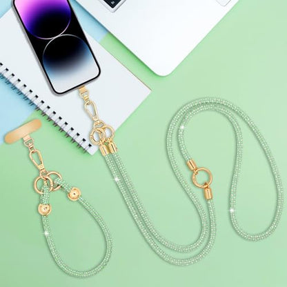 Crystal Phone Strap Crossbody and Wrist Lanyard, Anti Theft Layered & Wrist Strap Cell Phone Neck for Women - color: Light Green