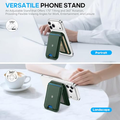SHIELDON Genuine Leather Magnetic Wallet Stand for MagSafe, Evergreen | Strong Magnetic, 6 Card Holders, Kickstand, Rfid Blocking, Quick-access, ID Window, for iPhone 17/16/15/14/13/12 Series - color: Evergreen