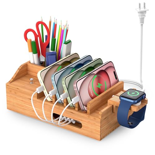 Bamboo Charging Station for Multiple Devices with USB Charger, 5 Cables - color: Style 2