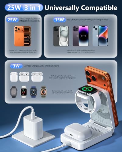 25W 3 in 1 Charging Station,Foldable MagSafe Fast Magnetic Wireless Charger