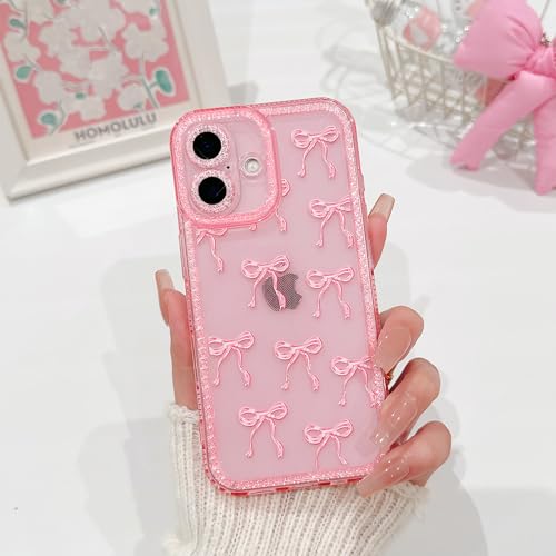 NITITOP Compatible with iPhone 16 Plus Case Cute Clear Pink Glitter Bow Knot Design Shiny Star Sparkle Bling Diamond Girls Women Soft TPU Shockproof Protective Phone Cover - Large Bow - color: Large Bow, size: iPhone 16 Plus
