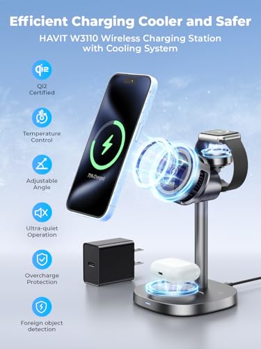 havit Qi2 3 in 1 Wireless Charging Station, 15W Magnetic Charger with Cooling Fan for iPhone 17/16/15/14/13/12, Apple Watch & AirPods, Adjustable Stand, 45W Adapter Included