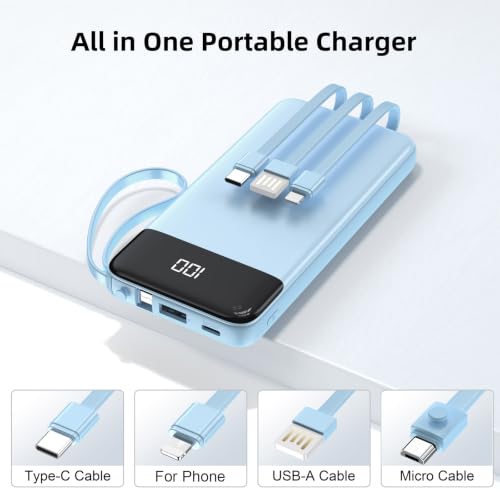 Portable Charger Built-in Cables,10000mAh Fast Charge Power Bank for iPhone - color: Blue