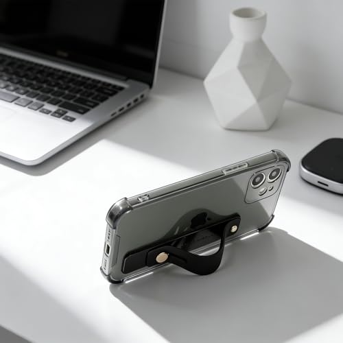 Compatible for iPhone 12 Case with Strap Holder Stand - Black | Wristband Kickstand, Clear Soft TPU, Adjustable Finger Hand Grip Loop, Shockproof Bumper Rugged Cover - color: Black, size: iPhone 12 6.1"