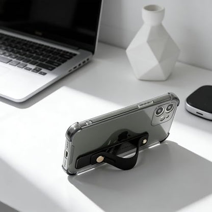 Compatible for iPhone 12 Case with Strap Holder Stand - Black | Wristband Kickstand, Clear Soft TPU, Adjustable Finger Hand Grip Loop, Shockproof Bumper Rugged Cover - color: Black, size: iPhone 12 6.1"