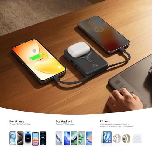 Q Magnetic Wireless Portable Charger 10,000mAh, Travel Essentials Power Bank with Built-in Cables & Foldable Stand, External Battery Pack Compatible with iPhone 17/16/15/14/13/12, Apple Watch - color: Black