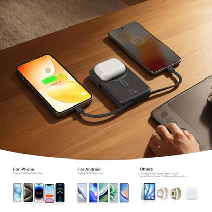 Q Magnetic Wireless Portable Charger 10,000mAh, Travel Essentials Power Bank with Built-in Cables & Foldable Stand, External Battery Pack Compatible with iPhone 17/16/15/14/13/12, Apple Watch - color: Black