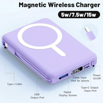 Azmuth for MagSafe Portable Charger, 10000mAh Magnetic Power Bank | 20W PD Fast Charging Magnetic Travel Charger with Dual USB-C LED Display for iPhone 17/16/15/14/13/12 Series - color: Purple