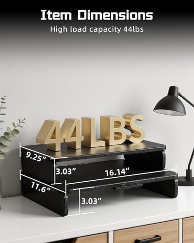 Wooden Monitor Stand Riser with Hidden Phone Holder, Black