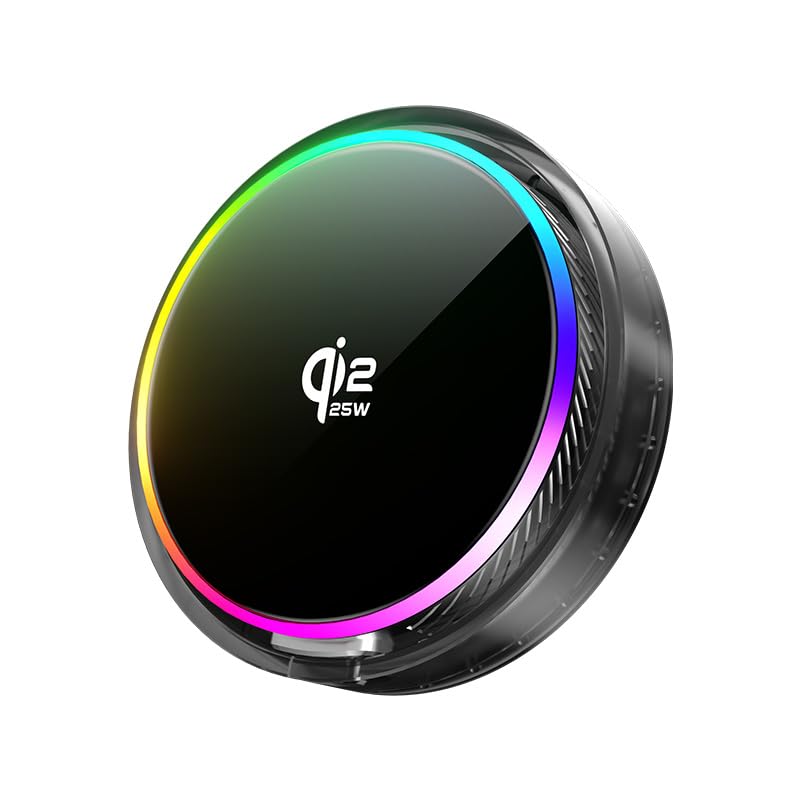 Qi2 25W Magnetic Car Mount Charger RGB Light, Ice Cooling Magnetic Wireless Car Charger Phone Holder, Air Vent Fast Charging for iPhone 17 16 15 14 13 12, S25 Series, Tempered Glass Pannel